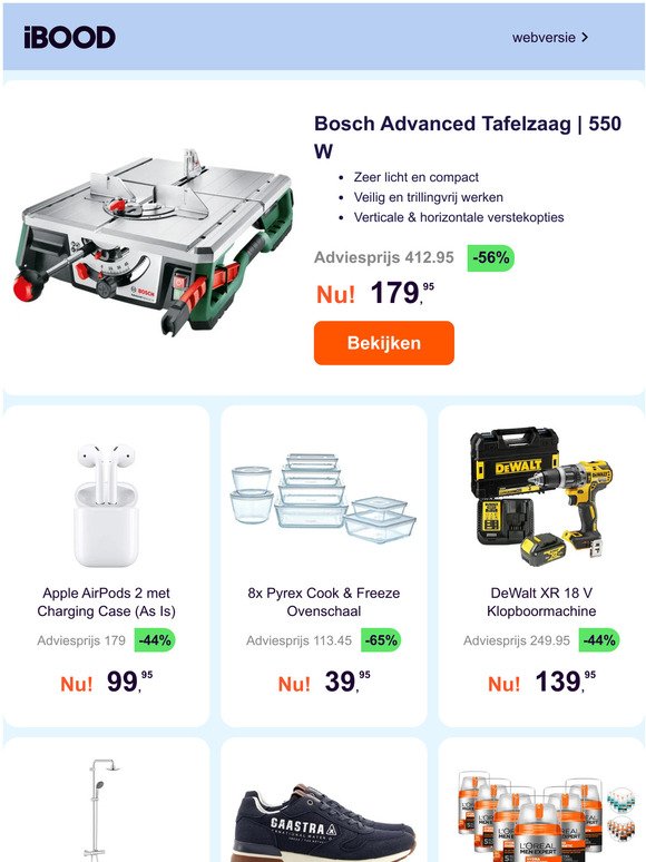 Bosch Advanced Tafelzaag | 550 W -56% | Apple AirPods 2 met Charging Case (As Is) -44% | 8x Pyrex Cook & Freeze Ovenschaal -65%