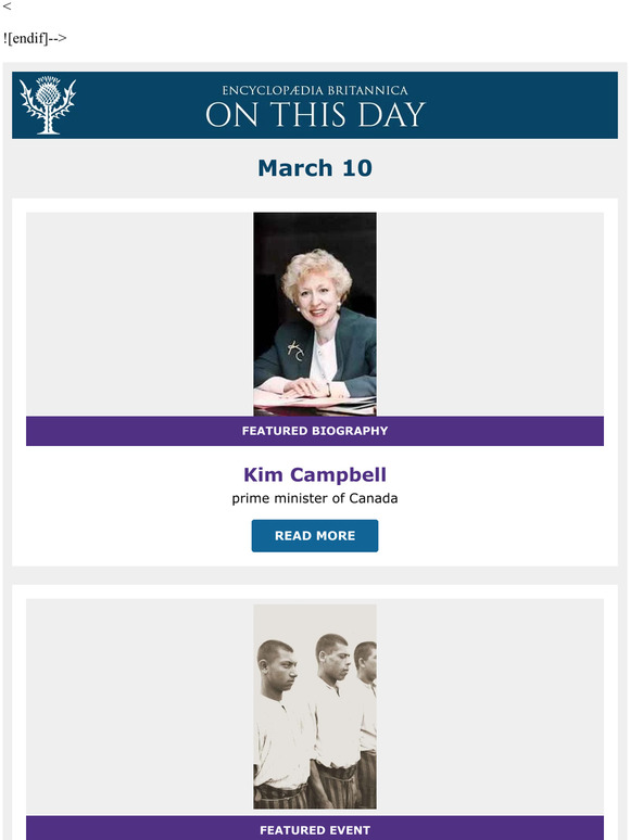 Opening of the Nazis' first concentration camp, Kim Campbell is featured, and more from Britannica