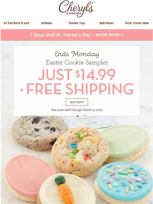 Ships for free! Enjoy an Easter Cookie Sampler for $14.99.