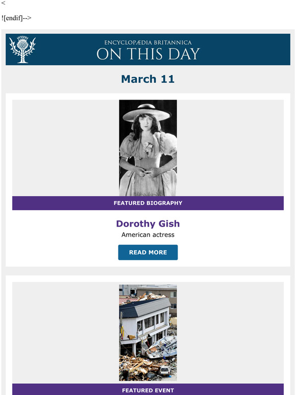 Japan struck by earthquake and tsunami, Dorothy Gish is featured, and more from Britannica