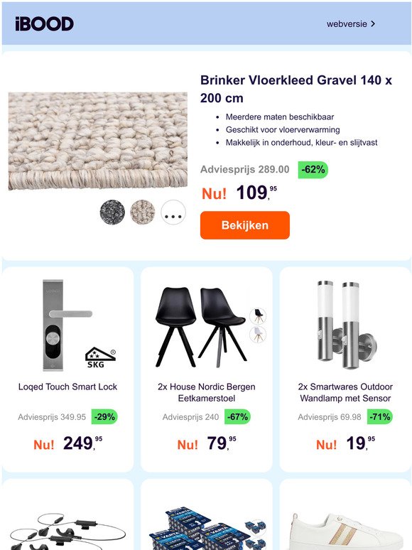 Brinker Vloerkleed Gravel 140 x 200 cm -62% | Loqed Touch Smart Lock -29% | 2x House Nordic Bergen Eetkamerstoel -67%