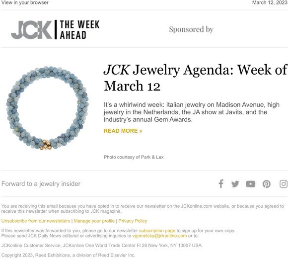 JCK Jewelry Agenda: Week of March 12
