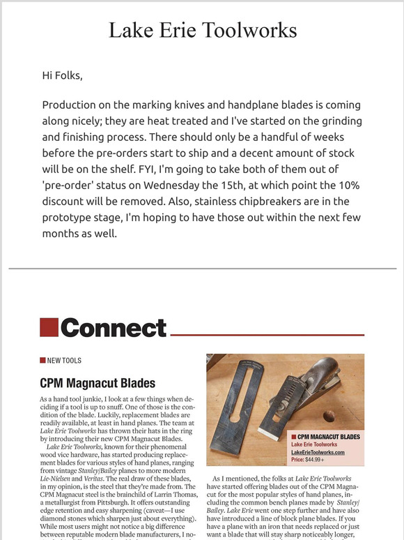 Production update on CPM MagnaCut Handplane Blades and Nitro-V Marking Knives and Popular Woodworking review
