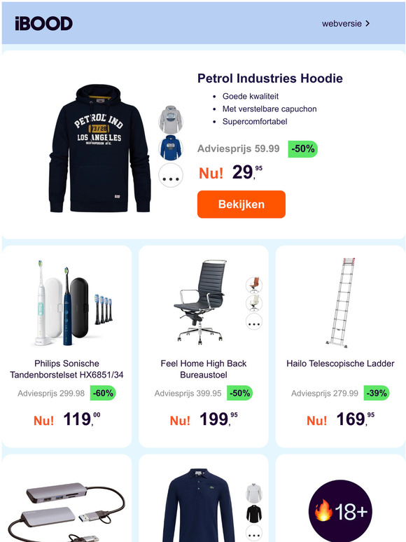 Petrol Industries Hoodie -50% | Philips Sonische Tandenborstelset HX6851/34 -60% | Feel Home High Back Bureaustoel -50%