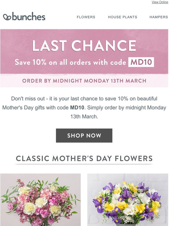 Ends tonight! 10% off Mother's Day flowers with code MD10