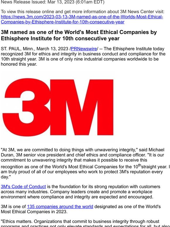 3M named as one of the World's Most Ethical Companies by Ethisphere Institute for 10th consecutive year