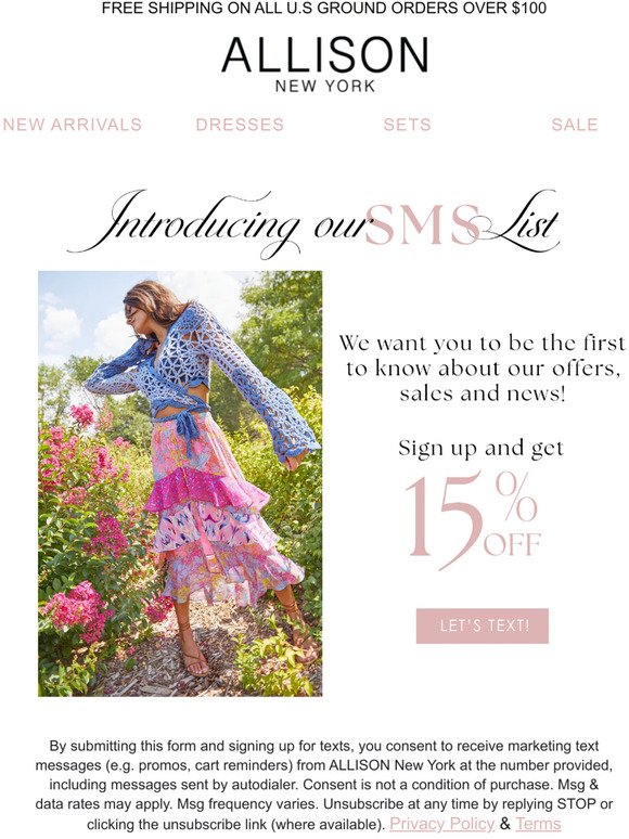 Sign up for SMS and Receive 15% Off!
