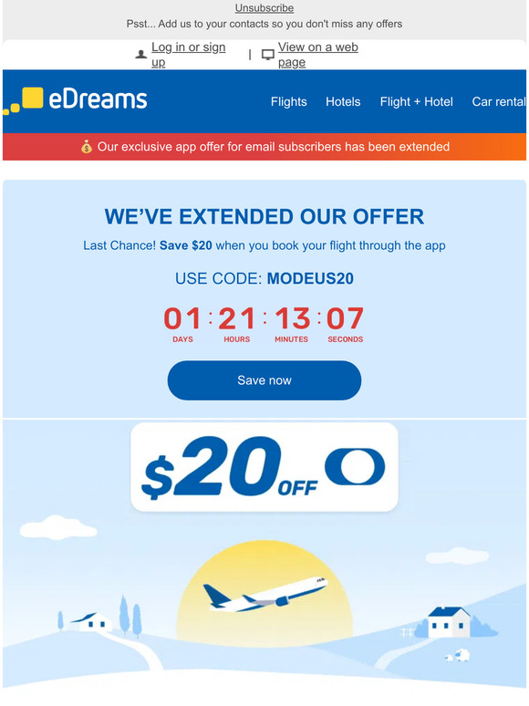 eDreams 🥳 We’ve extended our popular 20 flight discount Milled