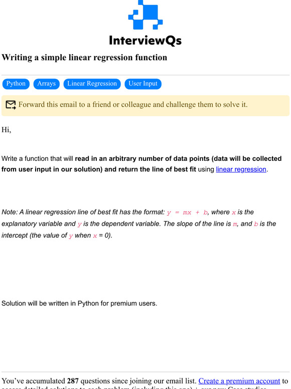 Interview Qs: Writing a simple linear regression function | Milled