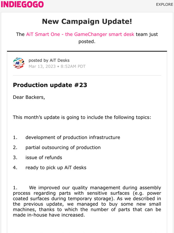 Indiegogo 📢 Update 45 from AiT Smart One the GameChanger smart desk