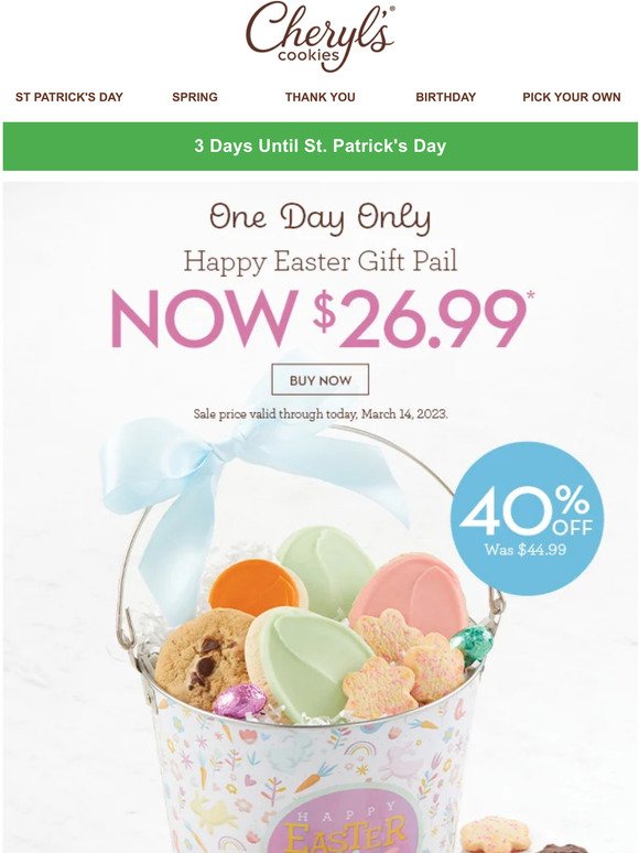 Today only, enjoy 40% off a Happy Easter Gift Pail.
