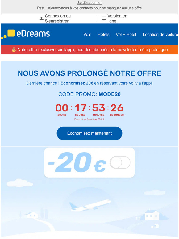 Dernières heures ! ⏳ Nous avons prolongé notre réduction de 20€ sur les vols