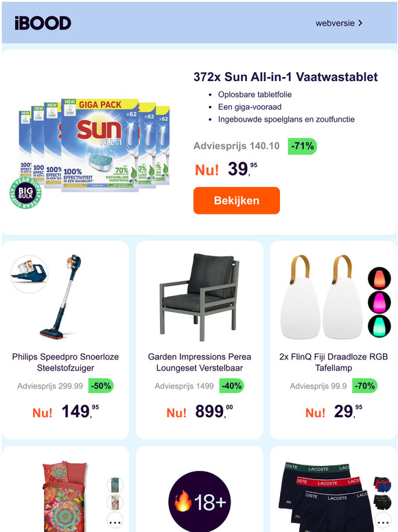 372x Sun All-in-1 Vaatwastablet -71% | Philips Speedpro Snoerloze Steelstofzuiger -50% | Garden Impressions Perea Loungeset Verstelbaar -40%