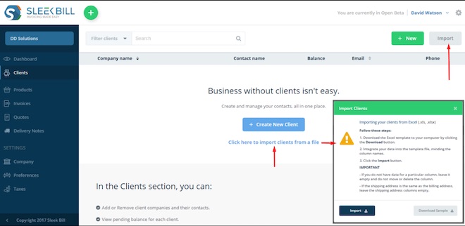 Import Clients in Sleek Bill Online