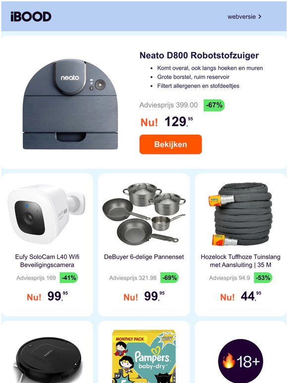Neato D800 Robotstofzuiger -67% | Eufy SoloCam L40 Wifi Beveiligingscamera -41% | DeBuyer 6-delige Pannenset -69%