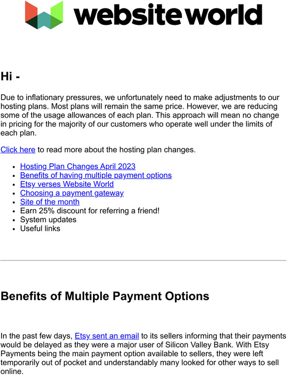 Hosting plan changes & importance of payment gateways - March News