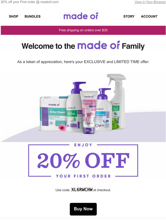 20% Off MADE OF Organic Baby Skin Care and Diapers Subscription