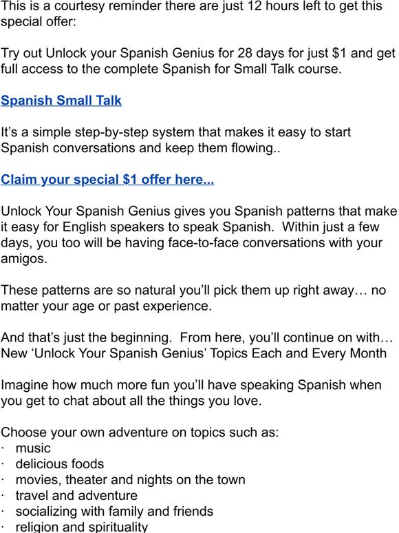 12 hours left to try out Spanish Small Talk for $1