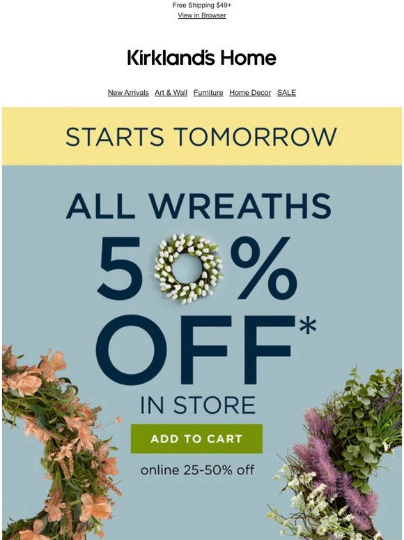 STARTS TOMORROW 🚨 Save 50% on All Wreaths In Store!