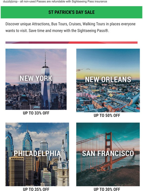 St. Patrick's Day Sale  - Up to 50% OFF Sightseeing Passes