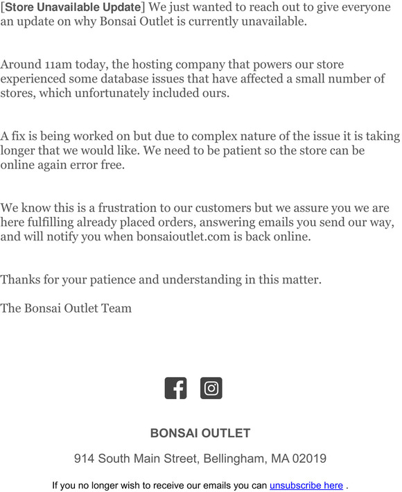Bonsai Outlet is Unavailable.. An Update Milled