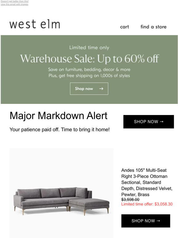 Andes 3-Piece Ottoman Sectional (90"-105") is on *sale* but going fast *Plus, up to 60% off our Warehouse Sale!