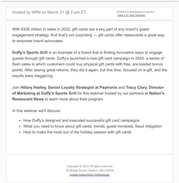 You’re invited! Join us + Duffy’s Sports Grill for a live webinar.