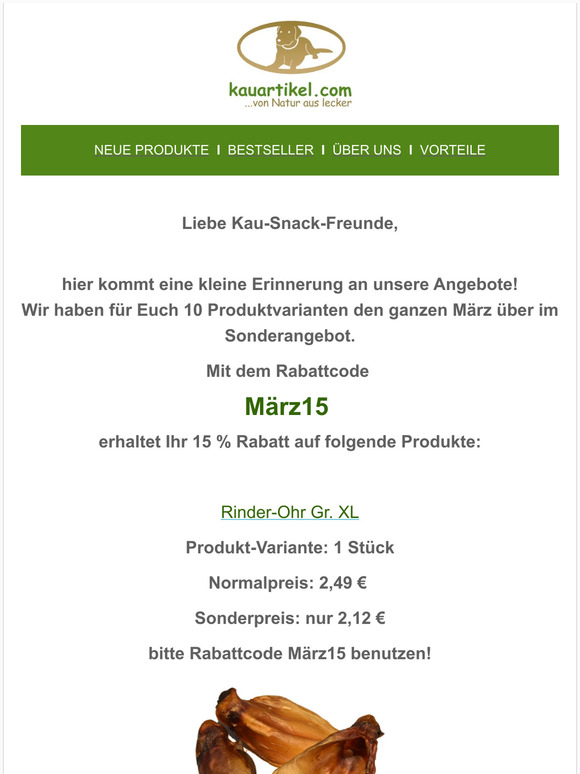 REMINDER 15% Rabatt - März-Angebote auf Kauartikel.com