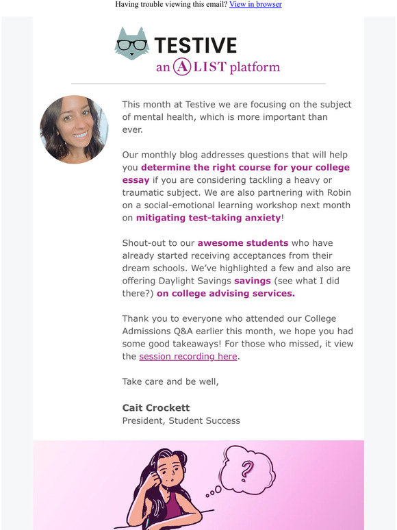 💚 Mental Health March: Advice for heavy college-essay topics, a test-anxiety workshop, and more!