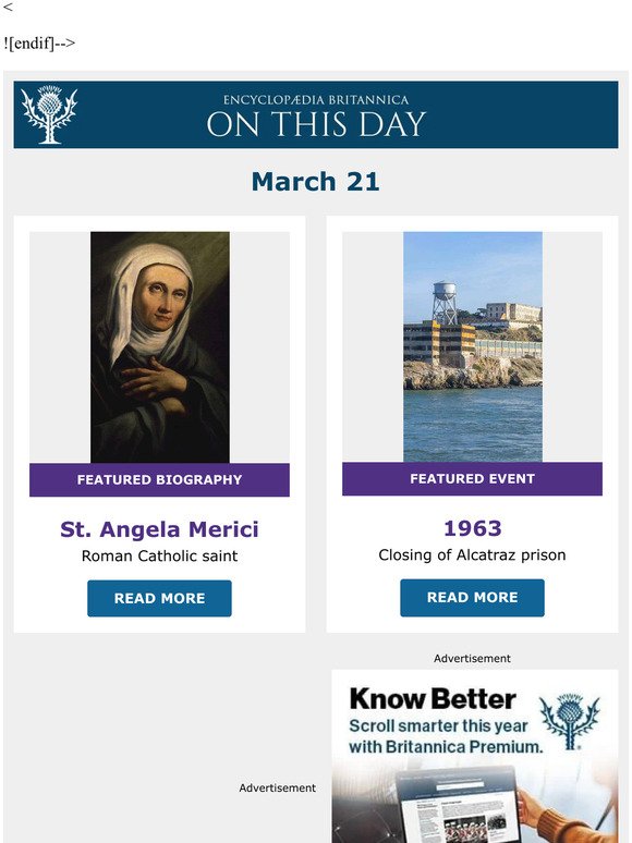 Closing of Alcatraz prison, St. Angela Merici is featured, and more from Britannica
