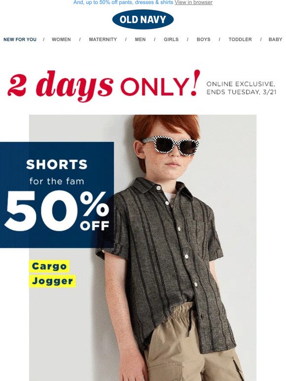 CONFIRMED for a limited time! Don't miss 50% OFF shorts