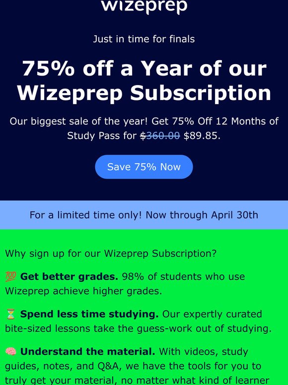 📣 75% off a Year of our Wizeprep subscription