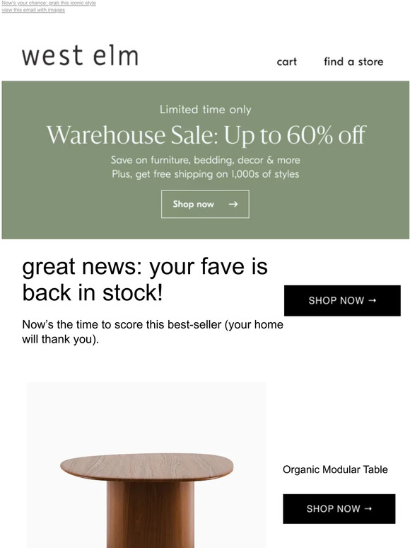 Your lucky day, our Organic Modular Table is back in stock! *Plus, up to 60% off our Warehouse Sale!