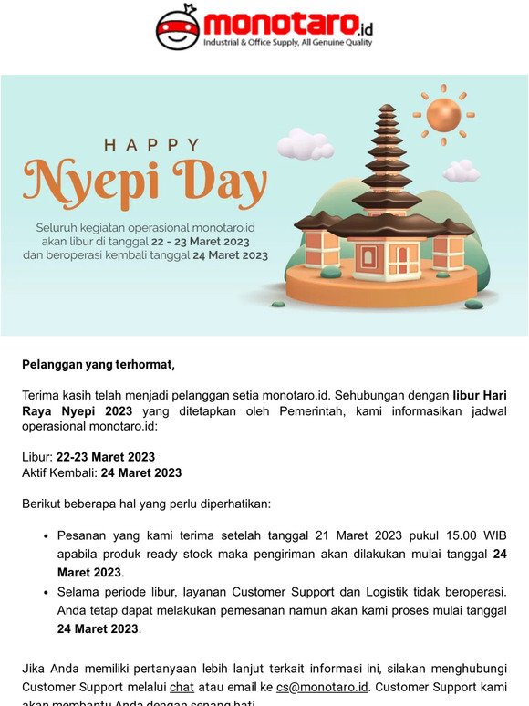 Info: Jadwal Operasional monotaro.id Selama Libur Hari Raya Nyepi 2023