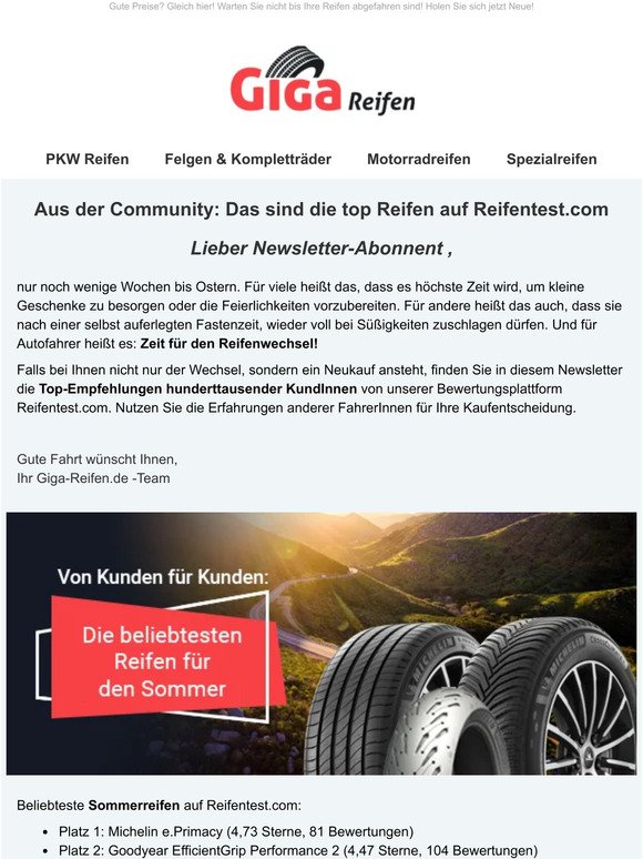 Aus der Community: Das sind die top Reifen auf Reifentest.com