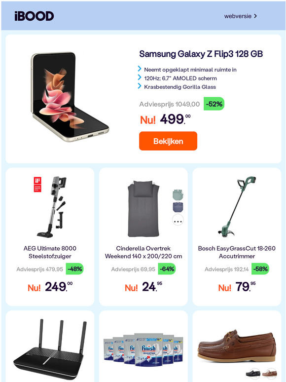 Samsung Galaxy Z Flip3 128 GB -52% | AEG Ultimate 8000 Steelstofzuiger -48% | Cinderella Overtrek Weekend 140 x 200/220 cm -64%