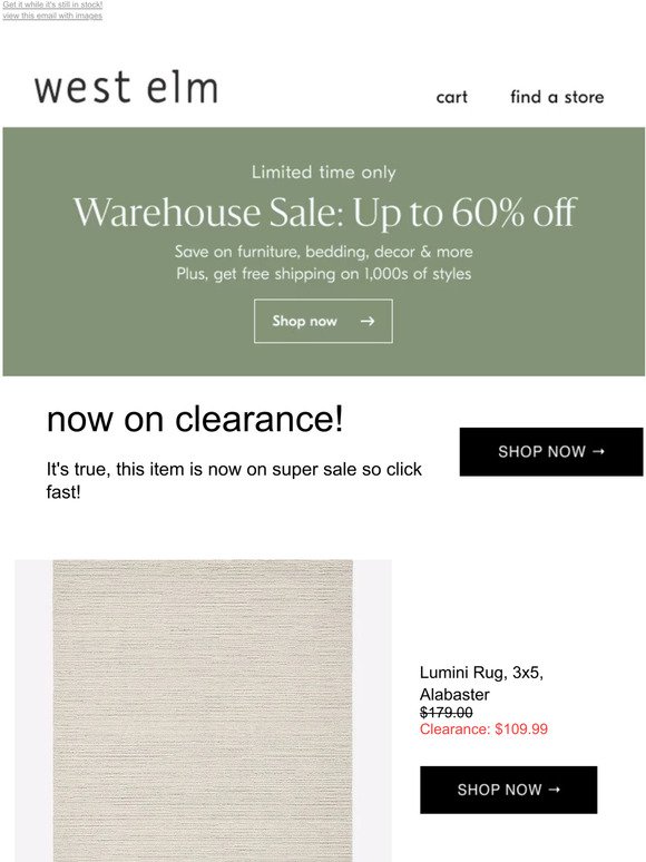 OFFICIALLY ON CLEARANCE! Our Lumini Easy Care Rug won't be here for long *Plus, up to 60% off our Warehouse Sale!
