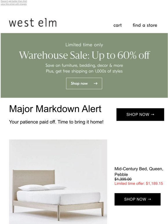 Mid-Century Bed is on *sale* but going fast *Plus, up to 60% off our Warehouse Sale!