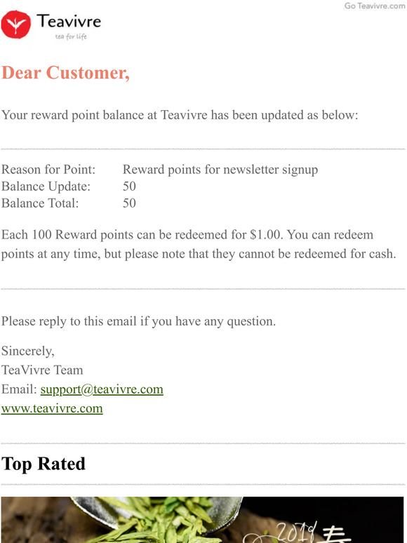 Your reward point balance at ‏TeaVivre has been updated