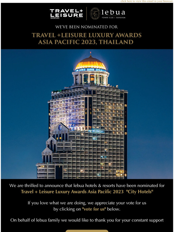 We've been nominated for TRAVEL+LEISURE Luxury Awards Asia Pacific Awards 2023