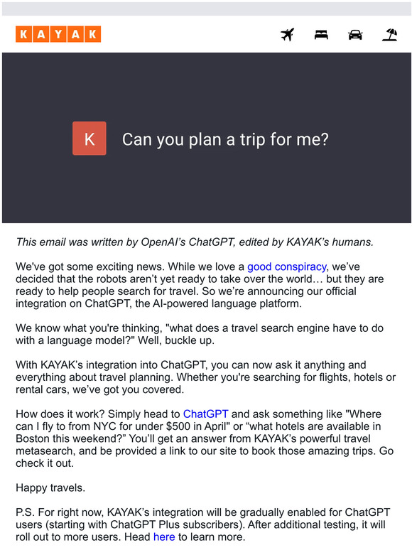 KAYAK and Chat GPT - two wild and crazy travel tools.