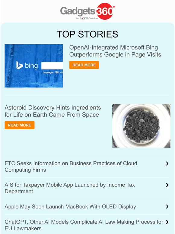 Gadgets 360 Newsletter: OpenAI-Integrated Microsoft Bing Outperforms Google in Page Visits & more