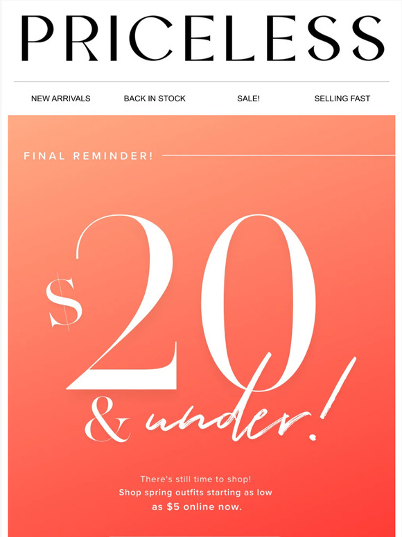 Shop Priceless 20 & UNDER is still on... Milled