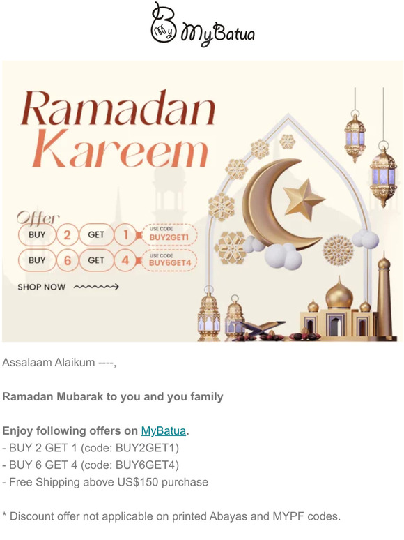 Ramadan Mubarak 🌙 Enjoy BUY2GET1 & BUY6GET4 Offer