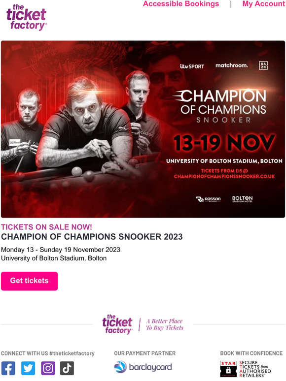 The Ticket Factory Champion of Champions Snooker 2023 🎫 • On sale now