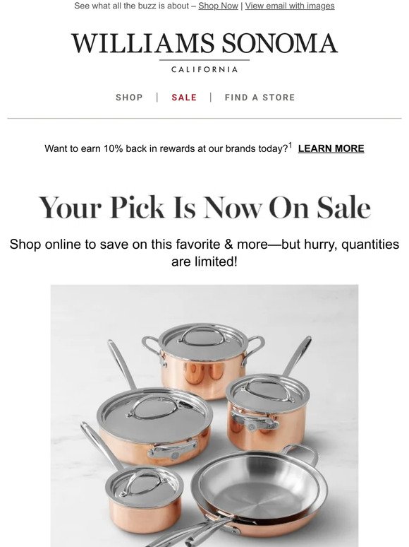 Good news! Williams Sonoma Thermo-Clad(TM) Copper 10-Piece Cookware Set is now on sale for a limited time!