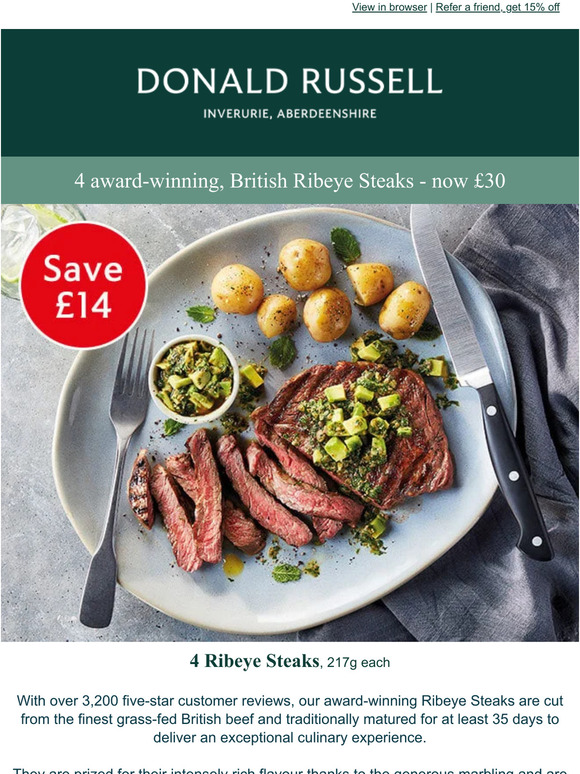 Donald Russell 4 British Ribeye Steaks now £30 🔥 Milled
