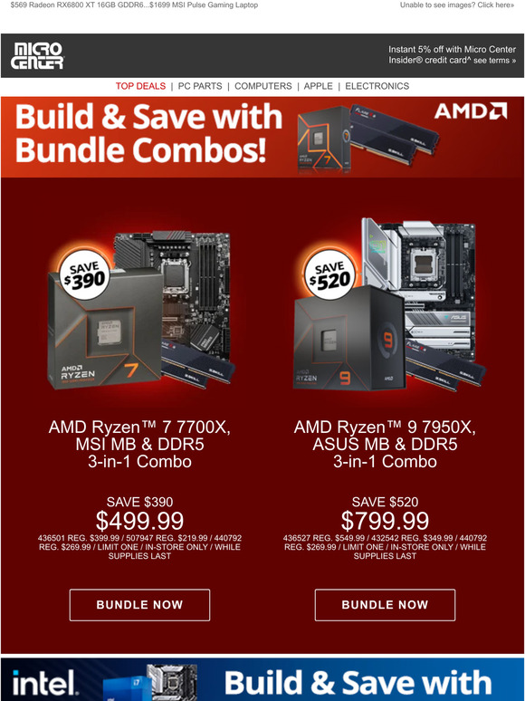 microcenter 799 AMD Ryzen 9 7950X, MB & DDR5 Bundle! 149 Acer Gaming