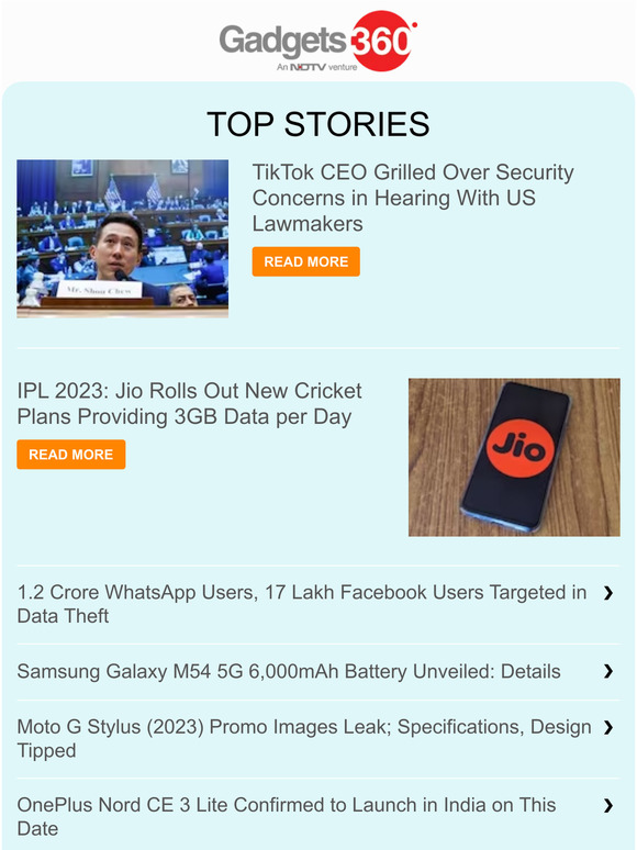 Gadgets 360 Newsletter: IPL 2023: Jio Rolls Out New Cricket Plans Providing 3GB Data per Day & more