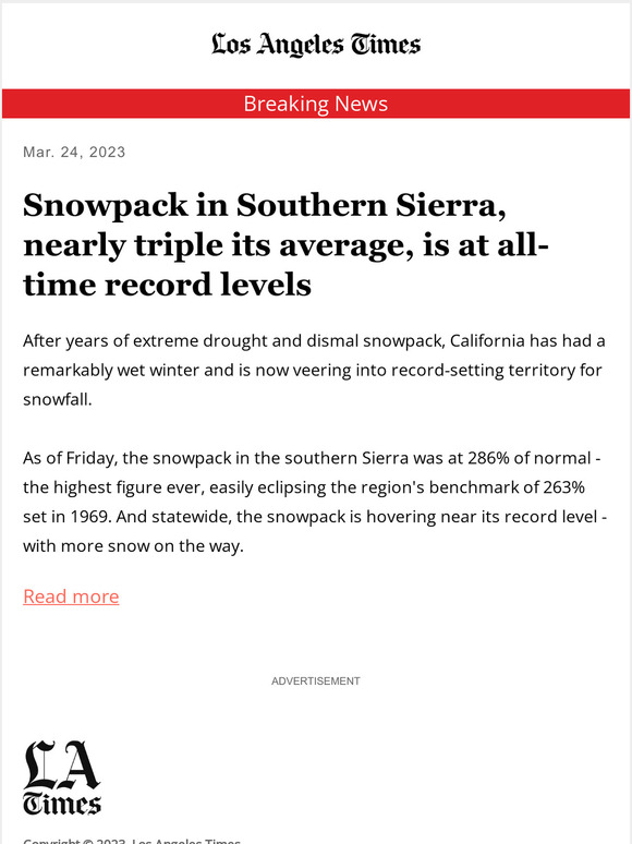 Los Angeles Times Breaking News Snowpack in Southern Sierra, nearly